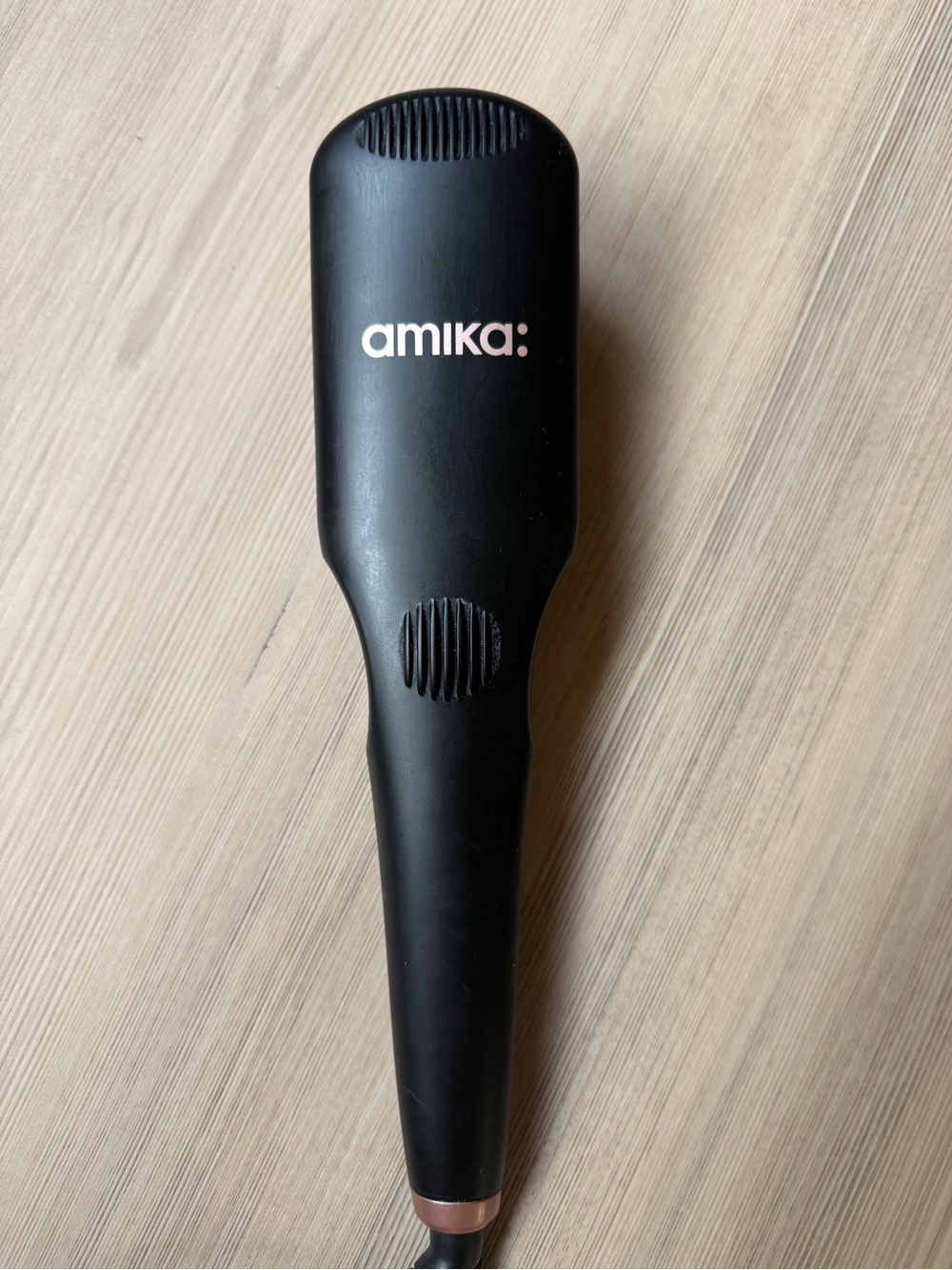 amika Black Electric Straightening Brush with Rose Accent
